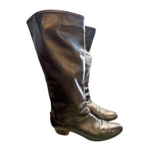 Vintage 80s Leather Slouchy Pointed Toe Boots Size 7 Black Boho Fashion Retro